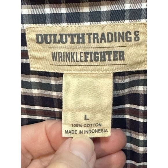 Duluth Trading Wrinkle Fighter Button Shirt Blue Cotton Oxford Plaid Men's Large - Picture 2 of 6